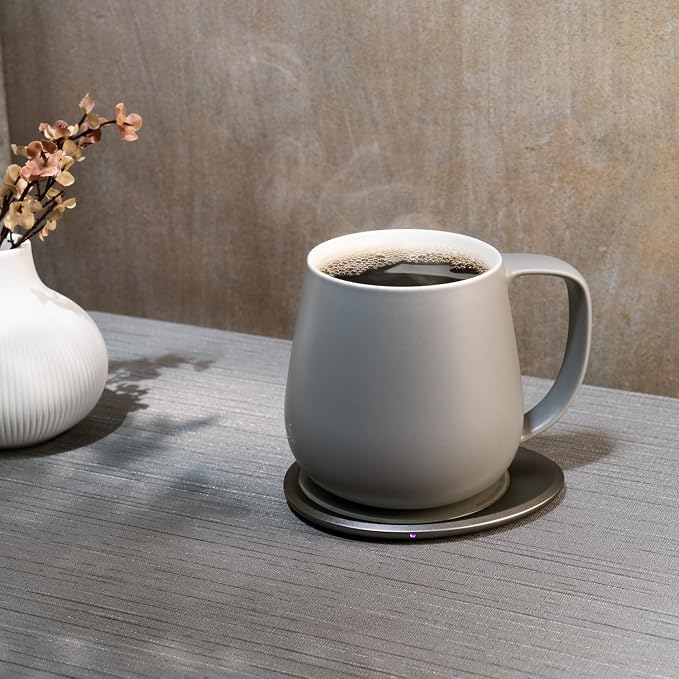 OHOM Ui+ Self-Heating Mug Set – Soft Gray | 18 fl oz / 532 mL Ceramic Coffee & Tea Mug Set with Heating Pad