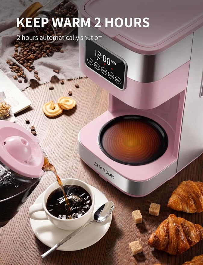 SHARDOR 10-Cup Programmable Coffee Maker, Regular & Strong Brew Drip Coffee Machine for Home and Office, Auto Shut Off, Permanent Filter (pink)