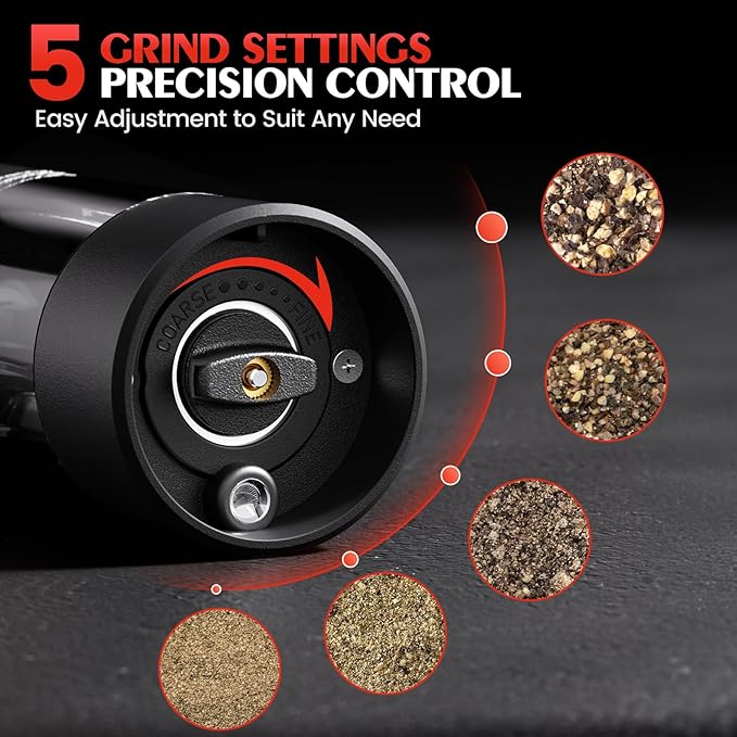Electric Salt and Pepper Grinder Set Automatic Battery Pepper Mill Shakers Adjustable Coarseness Easy Filling Upgraded Larger Capacity with Led (1 Pack Black）