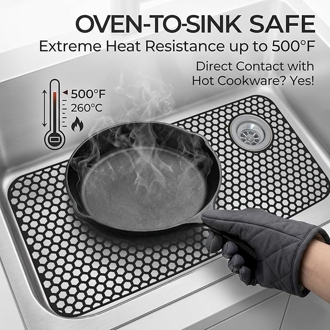 Silicone Sink Protectors for Kitchen - Non-Slip Heat Resistant Grid Mat for Farmhouse Porcelain Stainless Steel, Protects & Cushions Your Sink(Black 1PCS, 28.5"x14.5" Right-Side Drain)
