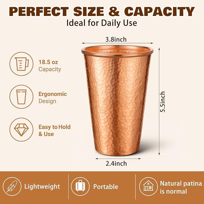 Willinglong 2 Pcs 100% Pure Copper Cup Tumblers 18.5 oz Handcrafted Hammered Copper Cups, Ayurvedic Health Benefits Drinking Vessel for Family Health Water, Cocktails, Iced Tea Glasses(Crimping)