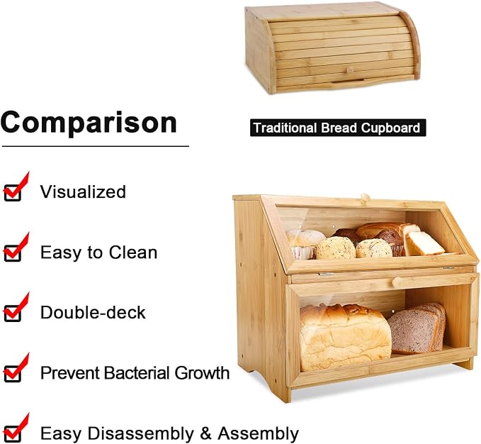 HOMEKOKO Double Layer Large Bread Box for Kitchen Counter, Natural Bamboo | Bread Storage Bin, Wooden, Large Capacity, See Through, Easy Assembly
