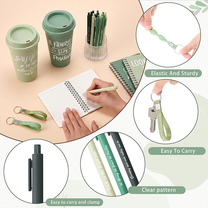 Skylety 12 Sets/48 Pcs Employee Appreciation Gift Baskets Bulk 16oz Inspirational Coffee Cup with Spiral Notebook, Pen & Keychain, Thank You Gifts for Staff, Teacher,Coworker, Team (Gradient Green)