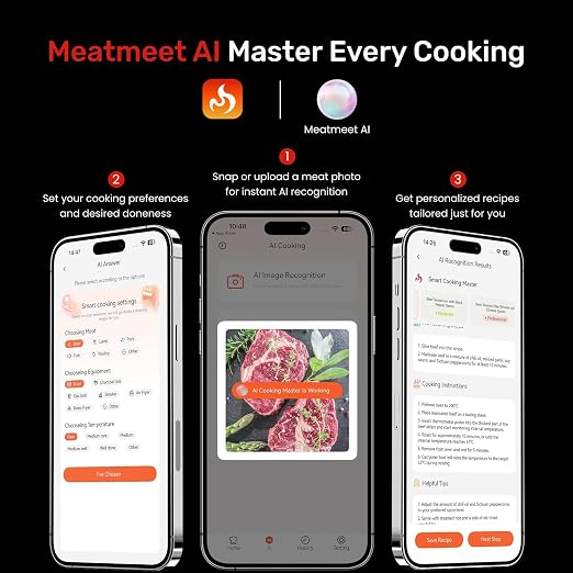WiFi Wireless Bluetooth Meat Thermometer Digital, Smart AI Powered Cooking Thermomer with APP Control, IP67 Waterproof Meat Probe for BBQ, Oven, Grill, Smoker (Pro)