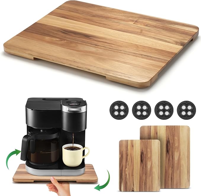 Appliance Slider 360° Rolling Tray for Coffee Maker Bamboo Coffee Pot Slider Tray Countertop Rotation Sliding Tray with Wheels, Small Appliances Mat Easily from Under the Cabinet, Acacia(13.9"×11.6")