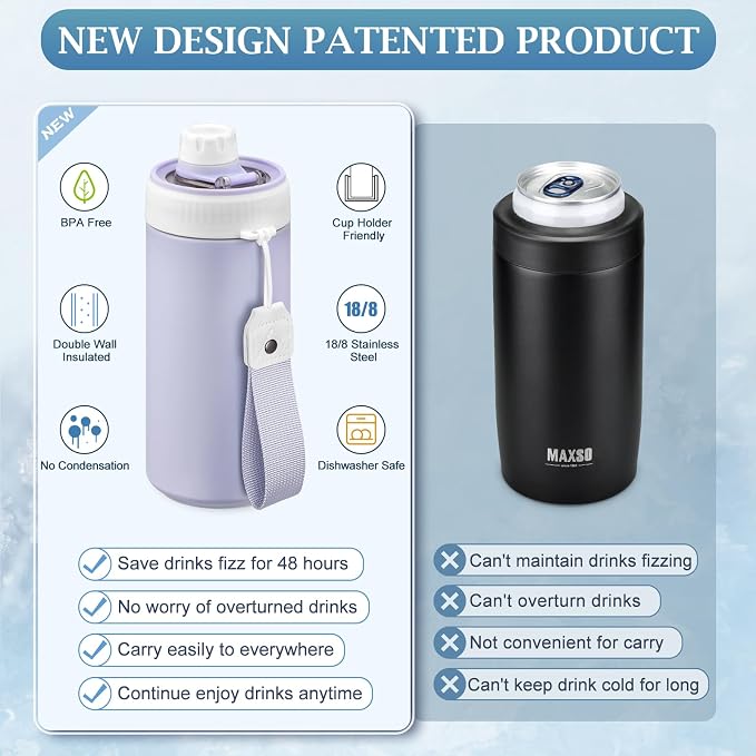 MAXSO Sealed Can Cooler Fizz Lid Can Cover for 12 oz Regular, Slim Skinny Cans & As Thermal Bottle, 4-in-1 Insulated Vacuum Stainless Steel Carbonated Cold Drink Holder - Lilac