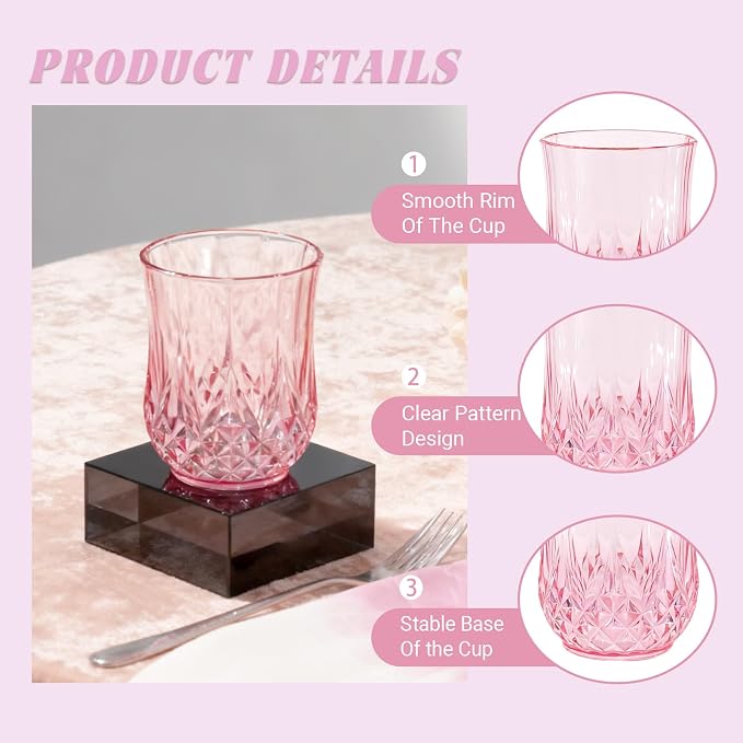 12 Pack Plastic Stemless Wine Glasses,12oz Unbreakable Vintage Elegant Drinking Glass Set,Reusable Fancy Cocktail Cups for Party, Wedding, and Bulk Events (12, 12oz-Pink)