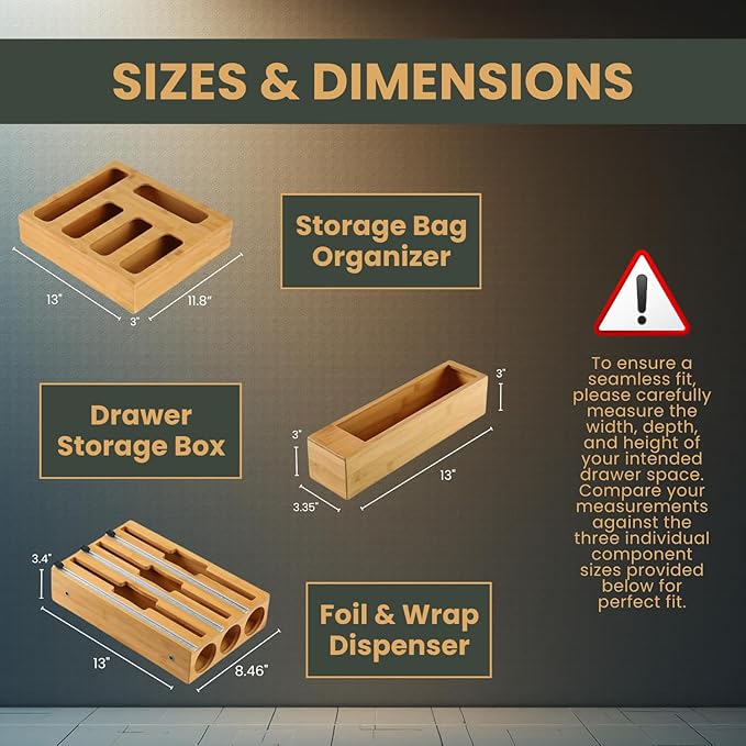 Ziplock Bag Organizer Bamboo Set with Aluminum Foil Organizer, All in One Baggie Organizer for Drawer, Zip Lock Bag Organizer for Kitchen Storage and Countertop Wrap Rolls