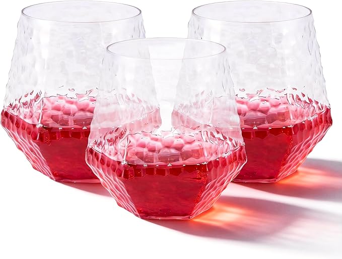 Goodluck 40 PCS Diamond Stemless Plastic Wine Glasses, 12 Oz Disposable Fancy Plastic Cups, Suitable for Weddings, Birthday Parties, Family Gatherings, Bars, etc （Hammered Clear cups）