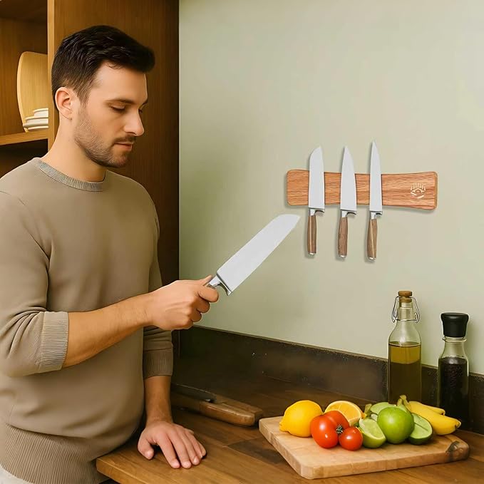 Magnetic Knife Strip, 16 Inch Oak Magnetic Knife Holder for Wall with N52 Super Strong Magnets, Premium Wooden Knife Magnetic Strip Organizer for Kitchen Knives, Tools,No Drilling