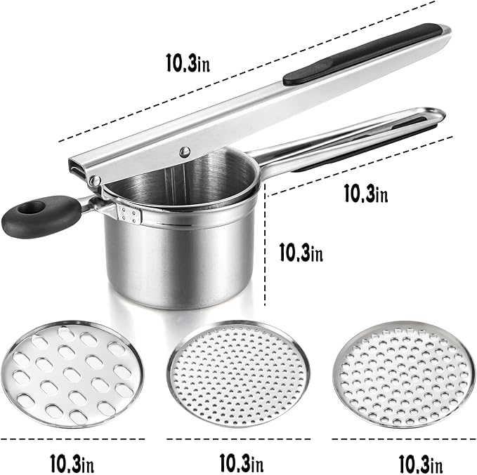 Potato Ricer Heavy Duty Stainless Steel Potato Masher with 3 Interchangeable Discs, Large Masher and Ricer Kitchen Tool for Mashed Potatoes, Spaetzle Noodle Maker, Potato Press