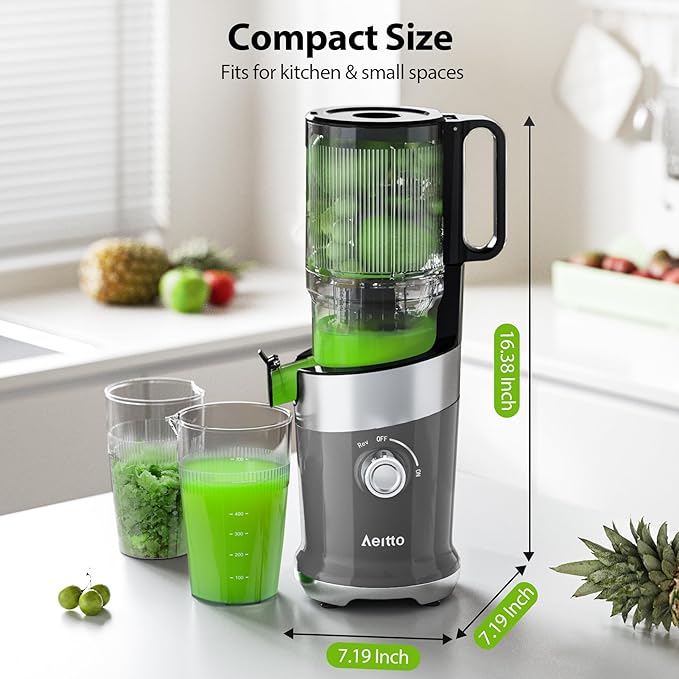 Cold Press Juicer，Aeitto 4.9" Large Feed Chute Juicer Machines for Whole Fruits & Vegetables,High Juice Yield,Professional Masticating juicer Easy to Clean,Grey