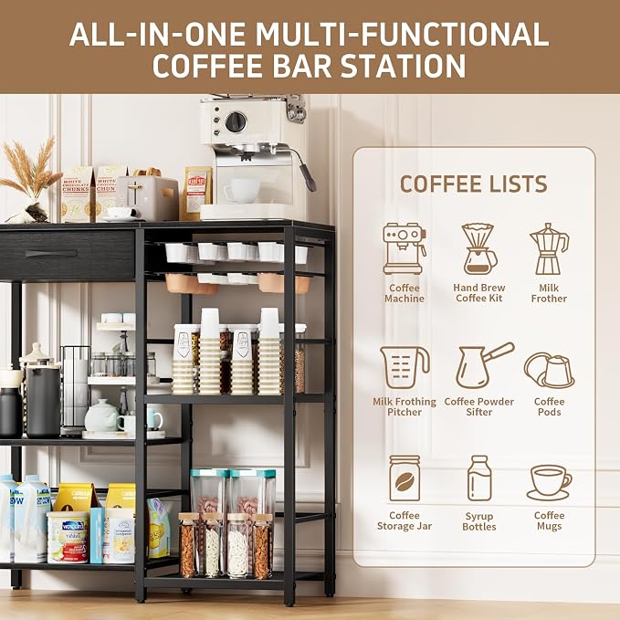 Coffee Bar with Integrated Storage,5-Tier Coffee Bar Cabinet with Drawers,Kitchen Coffee Bar Table with 2-Layer Capsule Drawer,for Living Room and Corner Kitchen Bar Table,Black