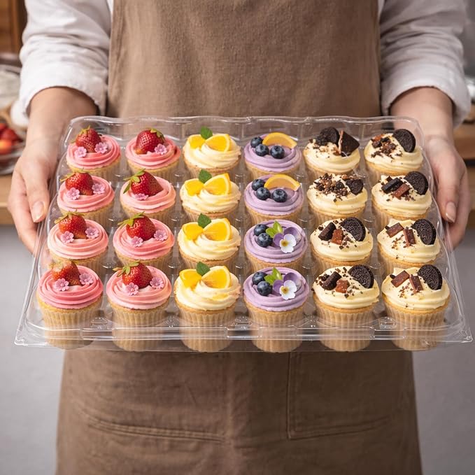 WIKDAY (24 Count x 10 Sets Plastic Cupcake Containers with Liners, Clear Cupcake Holder with Lids, Disposable Cupcake Carrier for Bakery, Cupcake Storage Box for Parties, Bake Sale Packaging