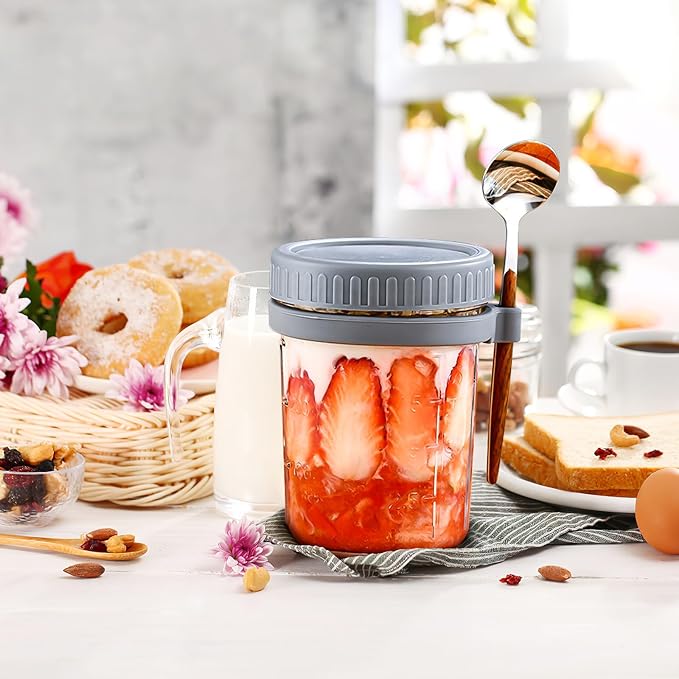 Beaupretty 4 Pcs 400ml Macaron Airtight Glass Jars with Lids and Spoons, Wide Mouth Kitchen Storage Canisters for Cereal, Oatmeal, Yogurt, and Meal Prep
