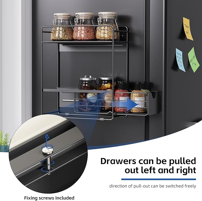 CABTE 2 Tier Magnetic Shelves for Washing Machine with Pull Out Metal Drawer,Magnetic Spice Rack for Fridge,Magnetic Rack with no Installation, Versatile Storage Organizers for Home (Black, 2 Tier)