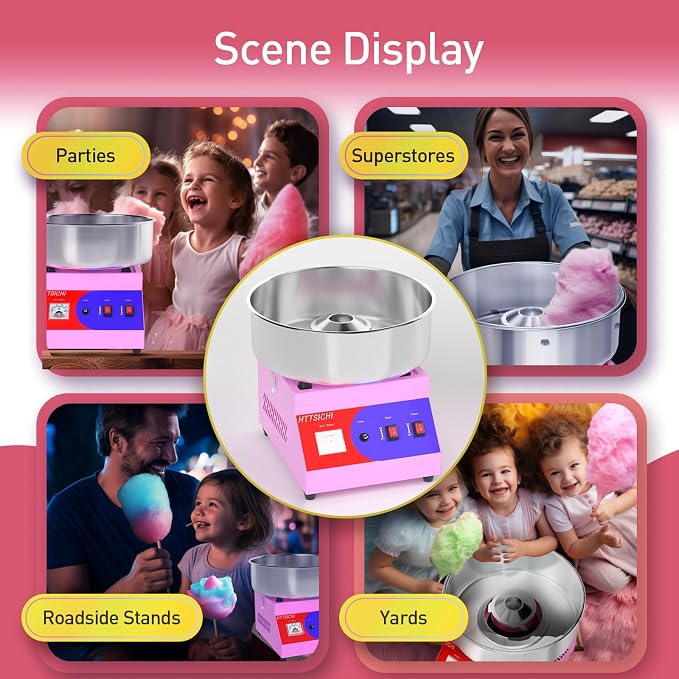 Cotton Candy Machine - Cotton Candy Machine Commercial w/ 15 inch Stainless Steel Bowl, Sugar Scoop, Cotton Candy Maker for Home, Party, 1000W Hard Candy Cotton Candy Maker for Birthday