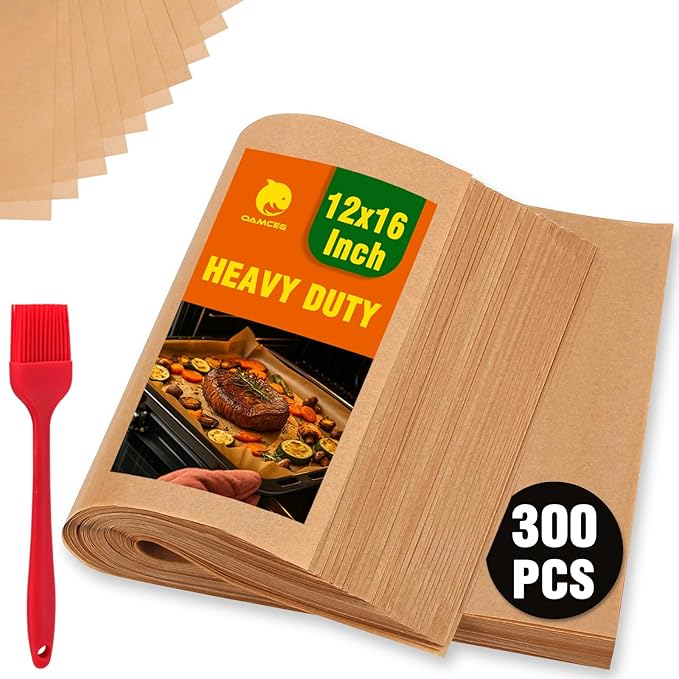 300 PCS Parchment Paper Sheets - OAMCEG 12x16 Inch No Chemical Non-Stick Unbleached Pre-Cut Parchment Paper with a Silicone Brush, for Baking Grilling Air Fryer Steaming Bread Cup Cake Cookie