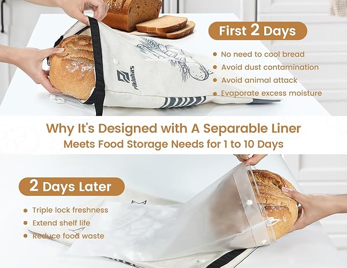 Piklohas Sour Dough Bread Bags, 2 Sets Detachable Bread Storage for Homemade Sourdough, Reusable Linen Food Storage with Lining & Triple Lock for Fresh Keeping, BPA Free, Christmas Bread Maker Gifts