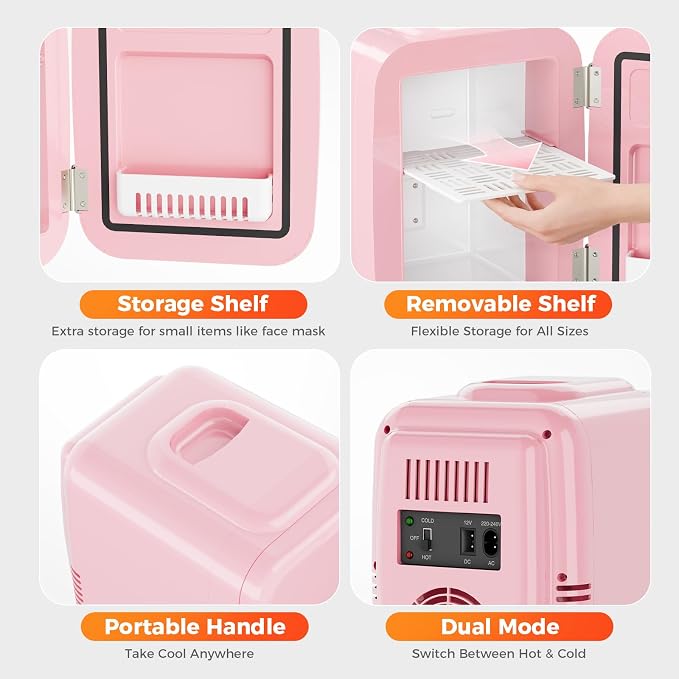 OSTBA Mini Fridge, 4 Liter/6 Can Mini Makeup Fridge, 110V AC/ 12V DC Portable Thermoelectric Cooler&Warmer for Skincare, Drink, Cosmetic, Medicine, Small fridge for Bedroom, Office, Dorm, Car, Pink
