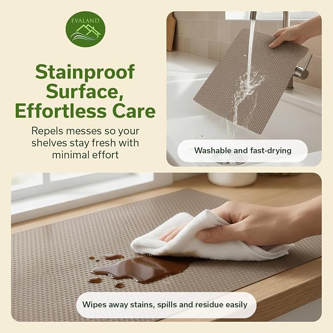 EVALAND Shelf Liners for Kitchen Cabinets Non-Adhesive 17.7" x 33 FT Beige Drawer Liner Non Slip, Washable Cabinet Liner, Waterproof Shelf Liners for Cabinets, Refrigerator Bathroom Pantry Cabinet Mat