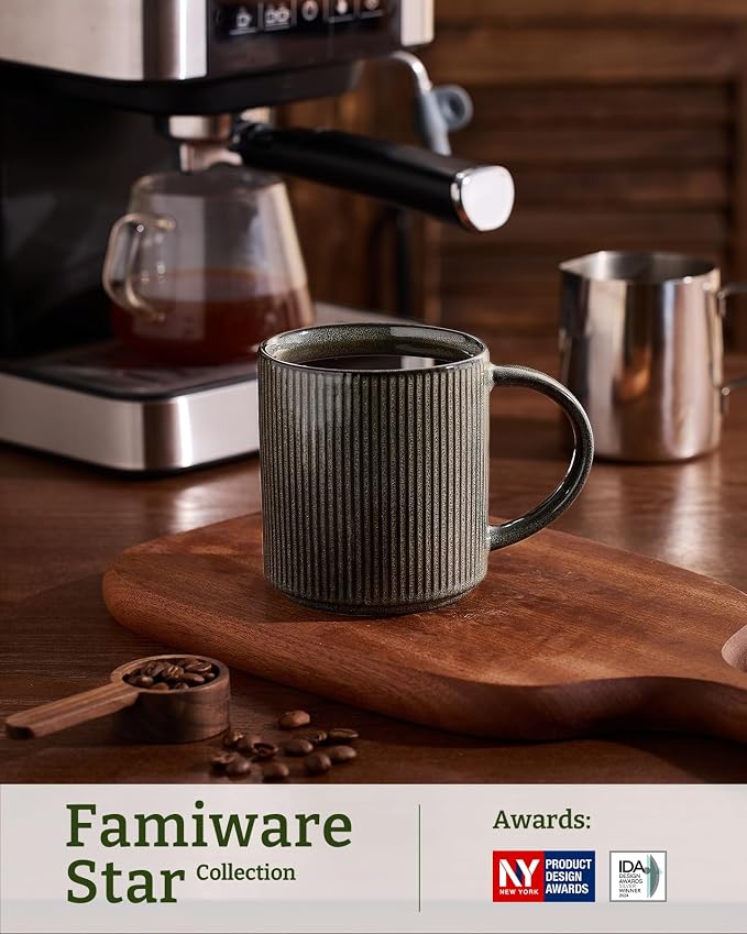 famiware Coffee Mug Set for 4, Star 16 oz Catering Mugs Cup Set with Handle for Coffee, Tea, Cocoa, Milk - Ceramic Stoneware Drinkware Set, Deep Forest