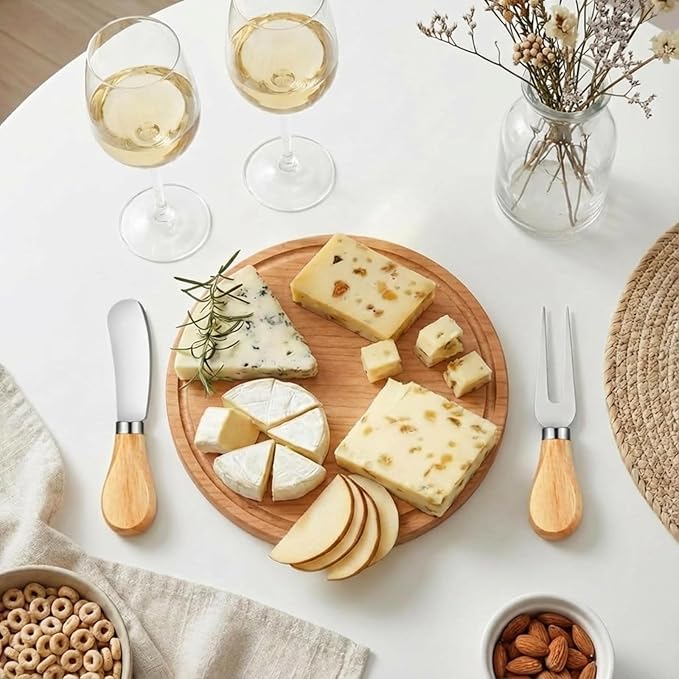 Maxcheck 1 Set Baby Shower Bridal Game Prizes for Winners Round Cheese Board Set Wood Mini Charcuterie Board with Knives and Forks Thank You Card with Gift Box for Guests Wedding (Cherry Wood)