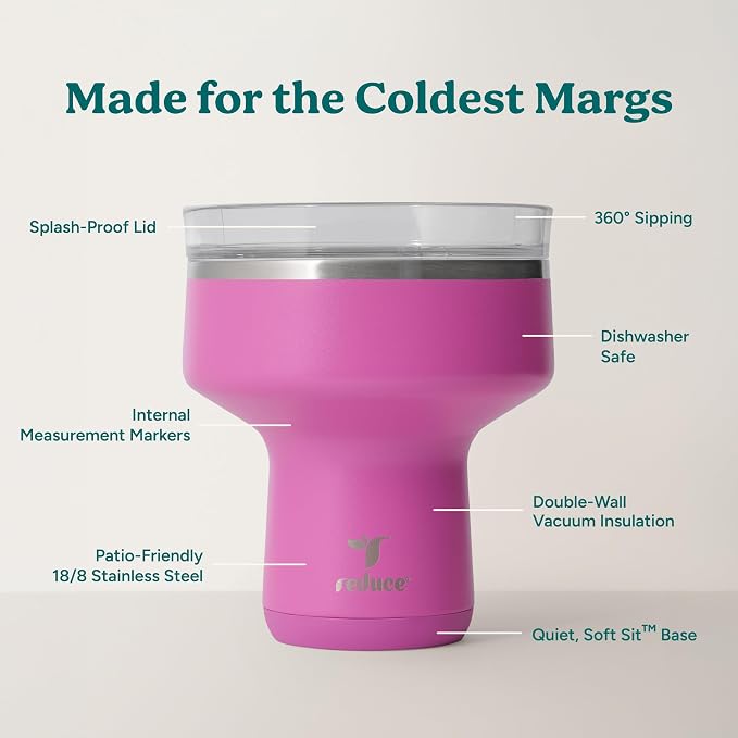 REDUCE Saltini 16 oz Cocktail Tumbler-Insulated Margarita Tumbler with Lid - Keeps Drinks Cold for 10 Hours- 360 Sippable Martini Glass Alternative - Shatterproof, Perfect for Parties - Sunset Fuschia