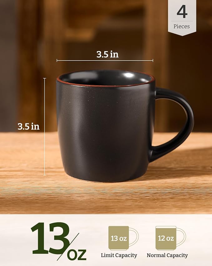 famiware Mercury Coffee Mugs 13 oz, Coffee Mugs Set of 4 with Handle, Cups for Latte, Hot Tea, Cappuccino, Mocha, Cocoa, Black