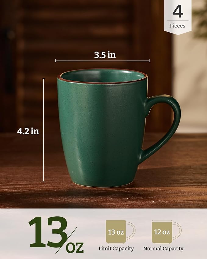 famiware Venus Coffee Mugs for 4, 13 oz Mug Set, Dringking Cup with Handle for Coffee, Tea, Cocoa, Milk, Dark Green