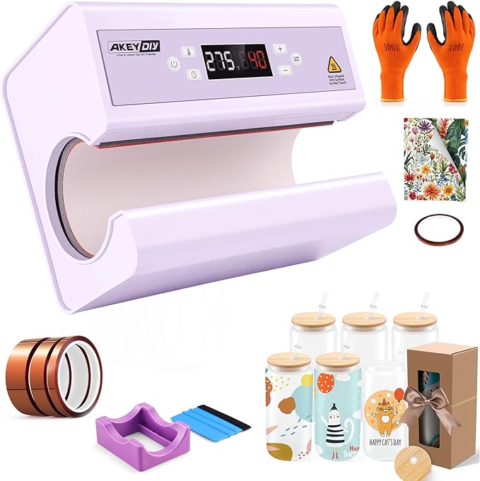 AKEYDIY Professional Tumbler Sublimation Crafting Bundle: Auto Press Machine + 6-Pack 12OZ Glass Tumblers + Silicone Cup Cradle Kit
