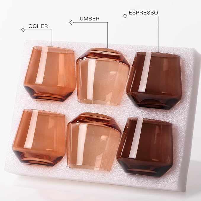 Stemless Wine Glasses Set 6【Hand Blown Colored Wine Glasses Stemless】 15oz Venus Colored Glassware for Wine or Soft Drinks,Unique Wine Gifts for Wedding,Anniversary