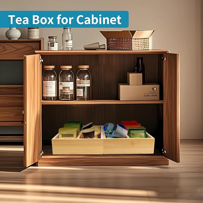 Tea Bag/Sugar Packet Holder,Coffee Station Condiment Organizer,Bamboo Tea Organizer,Large 4-Compartment Organizer Tray for Drawer/Shelf/Countertop,10.2 x 7.9 x 2.4 inch