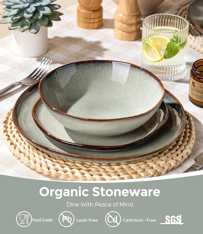 GBHOME Stoneware Dinnerware Sets for 8, 24 Pieces Rustic Earthenware Plates and Bowls Set, Handmade Reactive Glaze Ceramic Plate Sets, Chip Resistant Dishes, Microwave & Dishwasher Safe, Earthy Sage