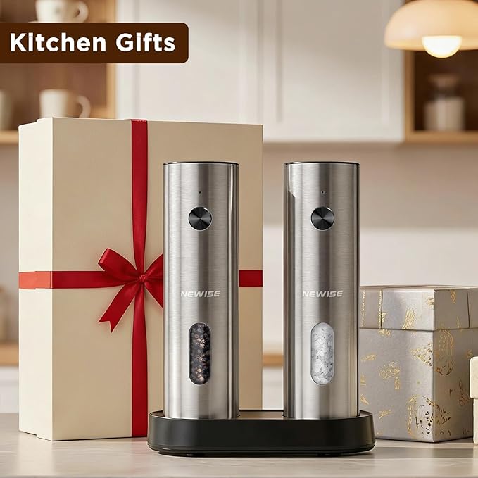 Newise Electric Salt and Pepper Grinder Set - Charging Base, Automatic Rechargeable Pepper Mill with Adjustable Coarseness, LED Lights, Large Capacity, Kitchen Appliance for Mom Wife