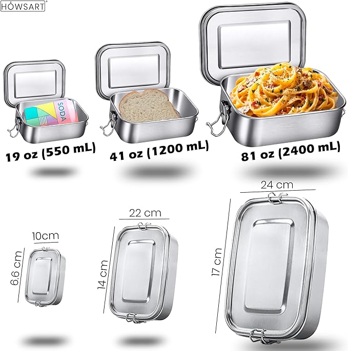 5 in 1 | Stainless Steel Bento Box & Silicone Case Cutlery Set & Salad Dressing Container – 3PCS Nesting Metal Lunch Box 19oz - 41oz - 81oz for Travel, Office – Food Storage Lunchbox for Adults