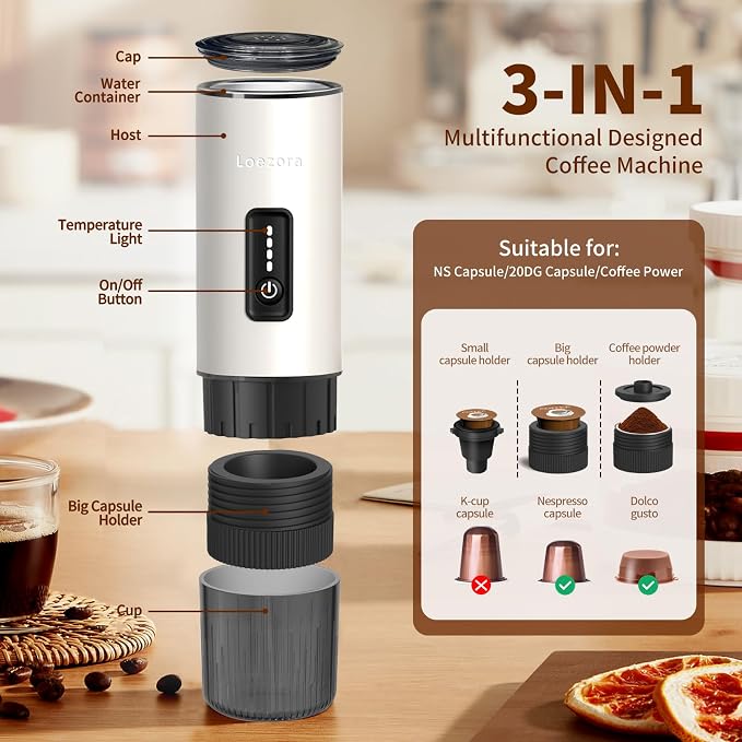 Portable Espresso Machine, 20Bar Self‑Heating & Cold Brew Coffee Maker, Rechargeable 7500mAh, 3‑in‑1 for Nespresso & Ground Coffee, Travel Coffee Machine for Camping Car (White)
