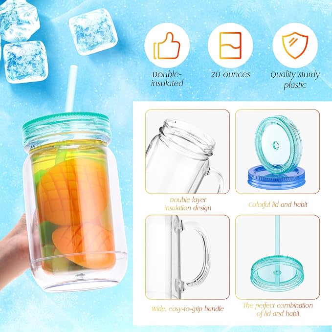 Suclain 10 Pack Plastic Mason Jars with Handles, Lids and Straws Mouth Mason Jar Mugs 20 oz Double Insulated Tumbler with Straw Large Clear Plastic Mug for Adults(Classic Color)