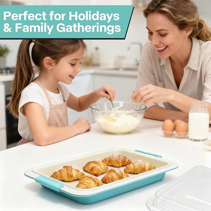 13x9 / 9x13 Baking Pan with Lid, Nonstick Aluminized Steel Cake Pan with Silicone Handles, Covered Bake & Carry Pan for Potlucks, Casseroles, Lasagna & Meal Prep