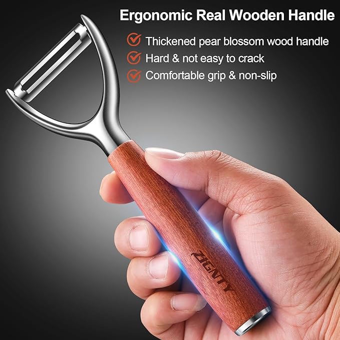Premium Kitchen Tool Kit, Stainless Steel Garlic Press + Y Shaped & I Shaped Wooden Peeler Set, Heavy Duty Ergonomic Handle, 5-year Warranty