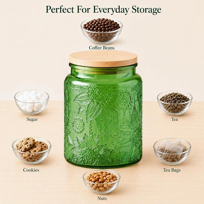 ANSQU Set of 2 Glass Jars with Lids, 23.7 FL OZ Vintage Glass Storage Jars, Cookie Jar Sugar Container for Kitchen Counter, Pantry, Candy Jar with Lid (Green, 2Pack)