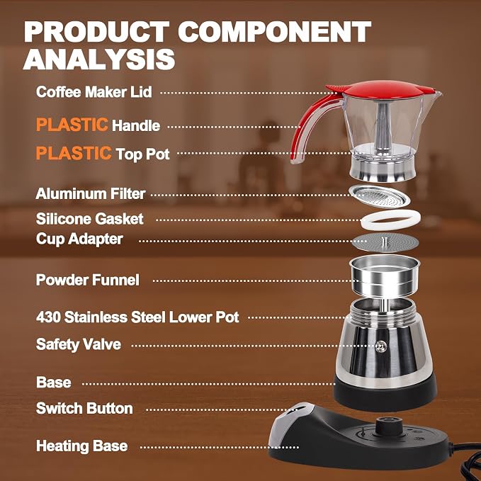 Electric Moka Pot 3-6 Cup 150-300ml Plastic Transparent Stovetop Espresso Maker Portable Stainless Steel Mocha Pot Percolator Italian Coffee Makers Greca Machine Cafe Classic for Home Camping
