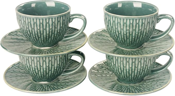 Coffee Mugs Set, 6.8 oz,Ceramic Tea Cup with saucer, Espresso Cups 8-piece, Stackable Cups, for Latte,Hot Tea,Cappuccino, Mocha, Cocoa, dishwasher & microwave safe, Dark green