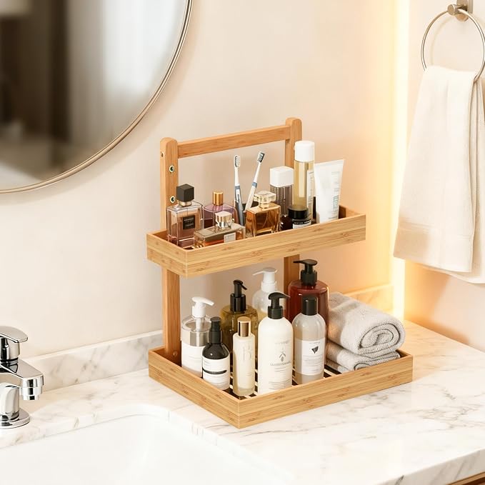 Bamboo Undersink Organizer Storage - 2-Tier Cabinet Shelf with Adjustable Levels, Under Sink Storage Slide Out for Cabinet Pantry Kitchen Bathroom (Natural, 2 Packs)