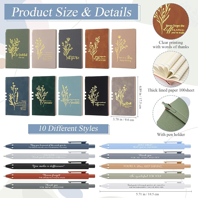 Didaey Employee Appreciation Gifts Set 13oz Boho Floral Ceramics Coffee Mug with A6 Leather Notebooks Ballpoint Pen Bulk Thank You Gift for Employee Coworker Staff Team Teacher (10 Sets, 10 Colors)