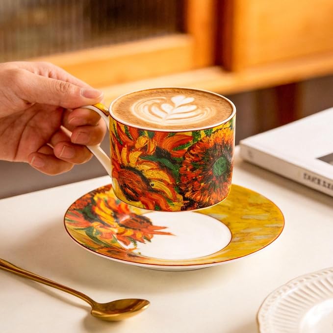 KAMMAK Tea Cups and Saucers Set of 2, Porcelain Coffee Cups, Stackable Espresso Mugs, Ceramic Demitasse for Coffee, Cappuccino, Latte, Americano, Tea, Large - Sunflower Oil Painting