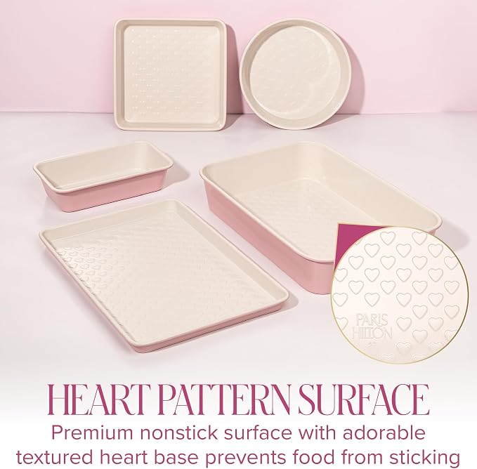 Paris Hilton 5-Piece Baking Pans Set, Nonstick Heart Pattern Bakeware Set with Heavy Duty Carbon Steel, Includes Square Pan, Round Pan, Loaf Pan, Roasting Pan & Cookie Sheet, 5-Piece, Pink