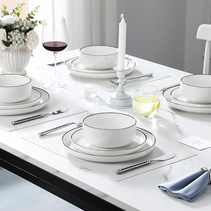 MALACASA Plates and Bowls Sets, 18 Pieces Modern Porcelain Dinnerware Set for 6 White Kitchen Dinner Ware Set wtih Black Rim Ceramic Dishware Dishes Microwave and Dishwasher Safe, Series LUNA