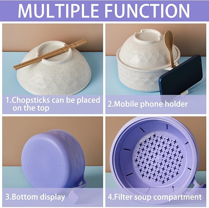 2 Sets Microwave Ramen Bowl 40 oz Wheat Fiber Portable Instant Noodle Cooker Bowl with Handles Strainer Spoon Chopstick Fork College Dorm Room Apartment Essentials(Beige, Purple)