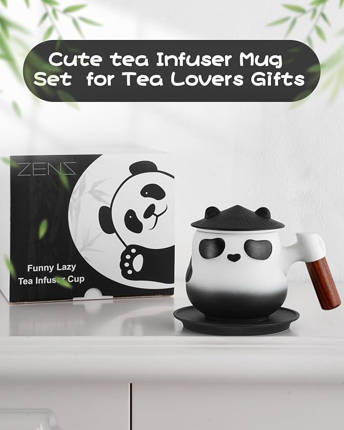 ZENS Tea Cup with Infuser and Lid, 11 oz Cute Panda Tea Mug with Strainer and Coaster for Loose Leaf Tea Steeper, Ceramic Tea Cup for Daughter, Collector's Mug Gifts